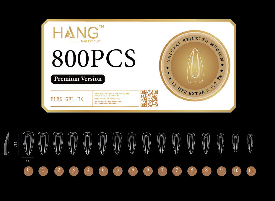 HANG Gel -X Tips Premium Version - Stiletto Medium 800pcs / 12 Sizes