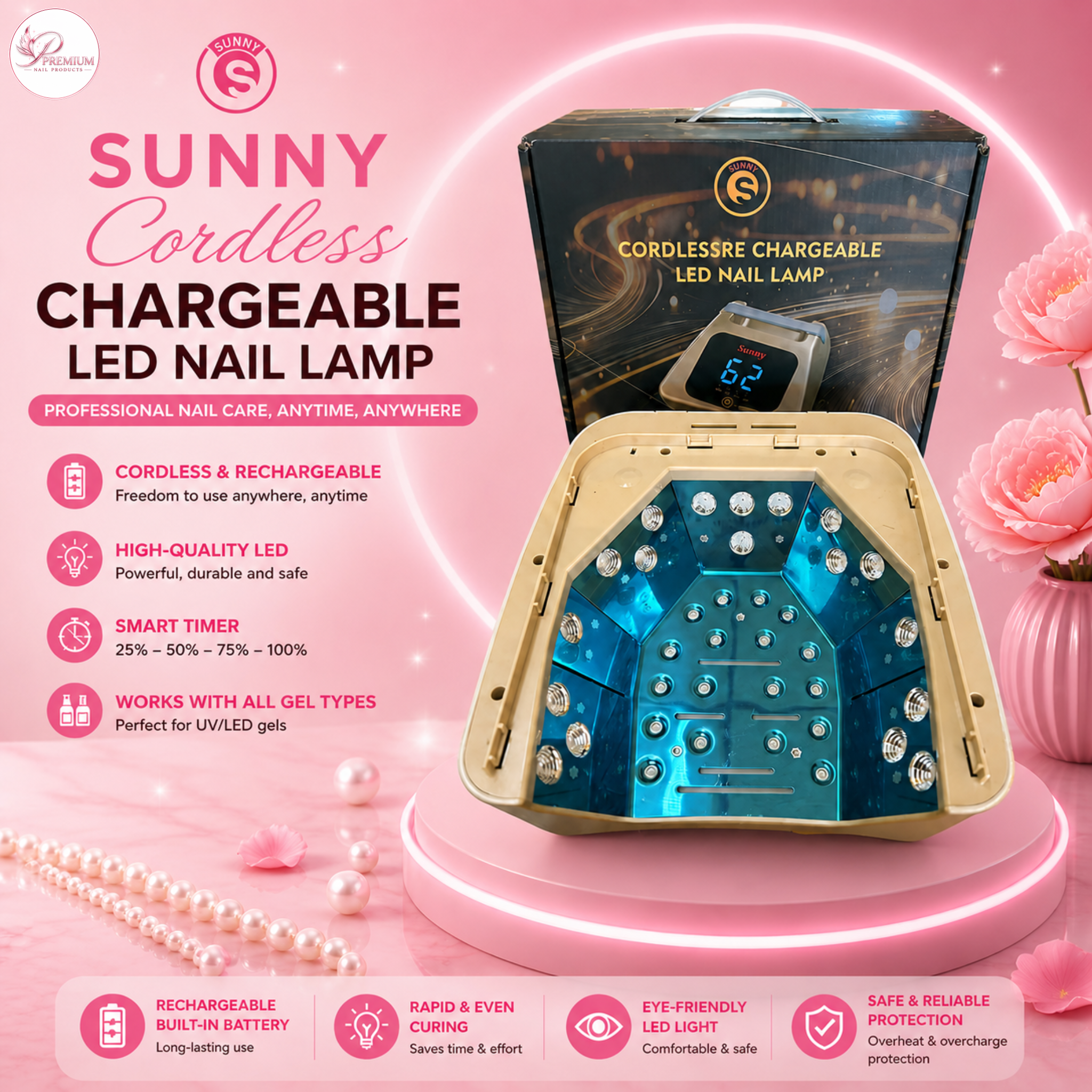 Sunny Cordless Chargeable Led Nail Lamp - Gold