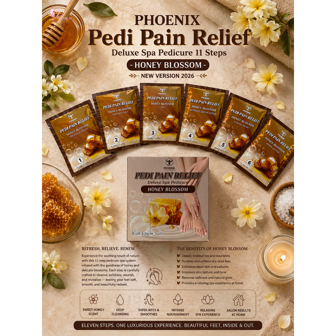 Phoenix Pedi Pain Relief With Epsom Salt 12 Step - 5pcs (Random Mix Scents) - NEW VERSION - Free Massage Candle + Pedi Kit & Liner