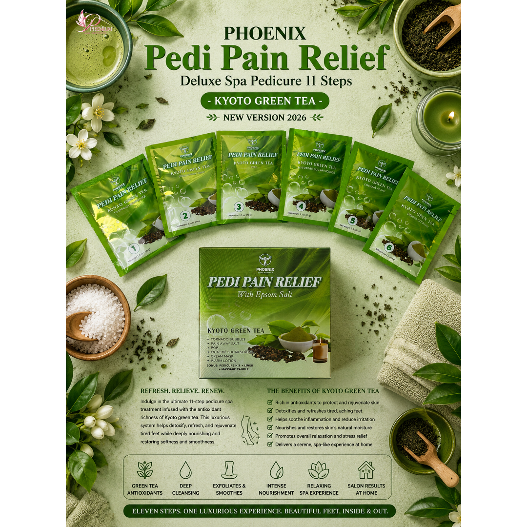 Phoenix Pedi Pain Relief With Epsom Salt 12 Step - 5pcs (Random Mix Scents) - NEW VERSION - Free Massage Candle + Pedi Kit & Liner