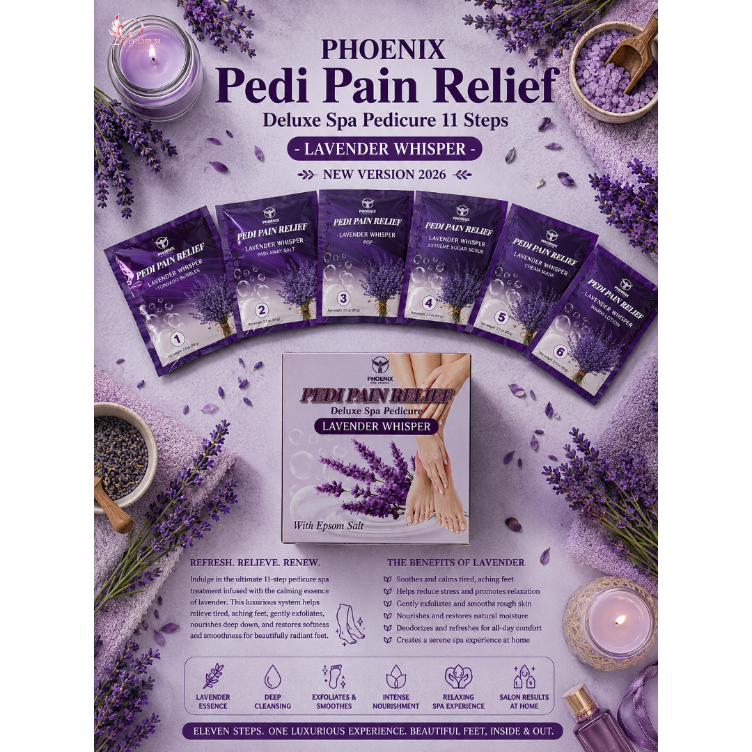 Phoenix Pedi Pain Relief With Epsom Salt 12 Step - 5pcs (Random Mix Scents) - NEW VERSION - Free Massage Candle + Pedi Kit & Liner