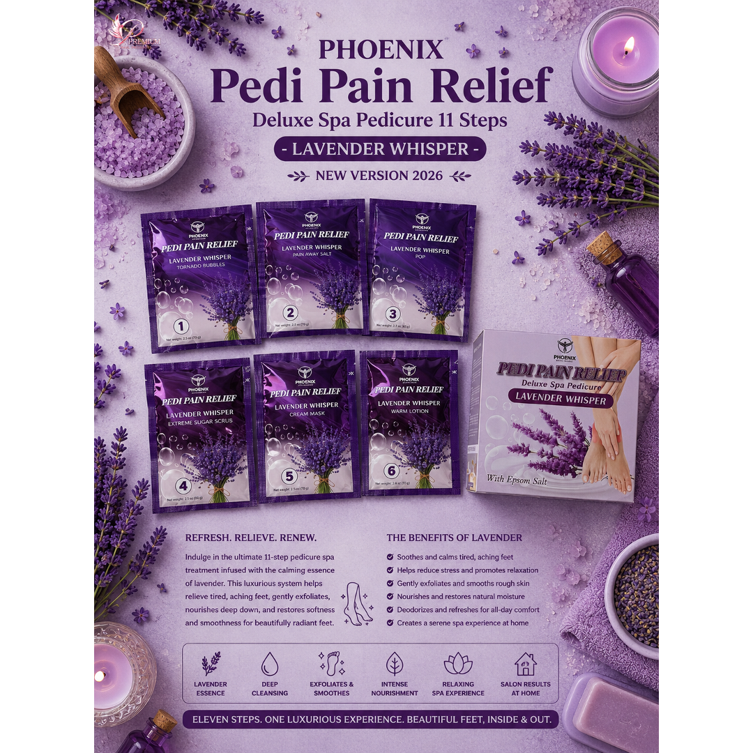 Phoenix Pedi Pain Relief With Epsom Salt 12 Step - 5pcs (Random Mix Scents) - NEW VERSION - Free Massage Candle + Pedi Kit & Liner