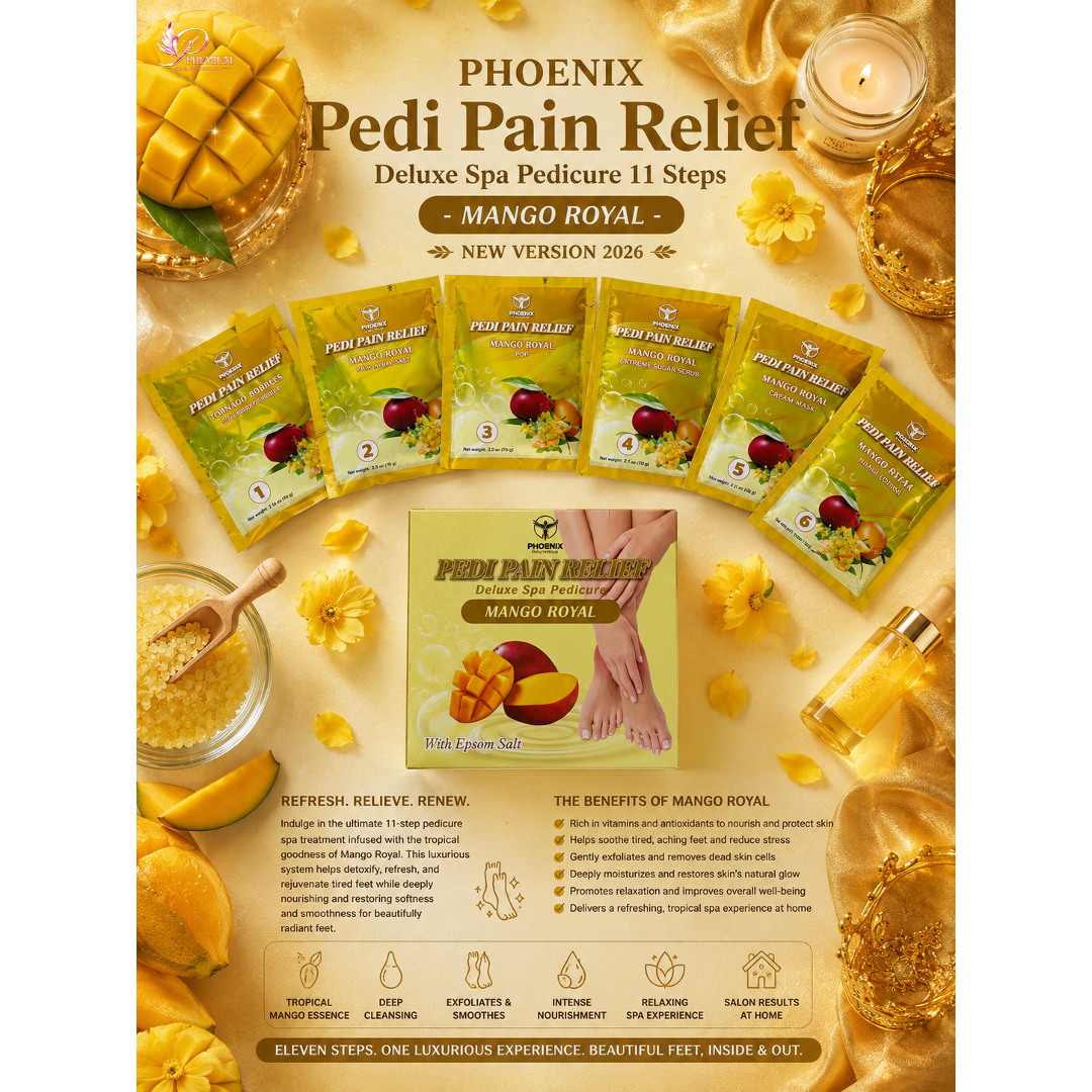 Phoenix Pedi Pain Relief With Epsom Salt 12 Step - 5pcs (Random Mix Scents) - NEW VERSION - Free Massage Candle + Pedi Kit & Liner