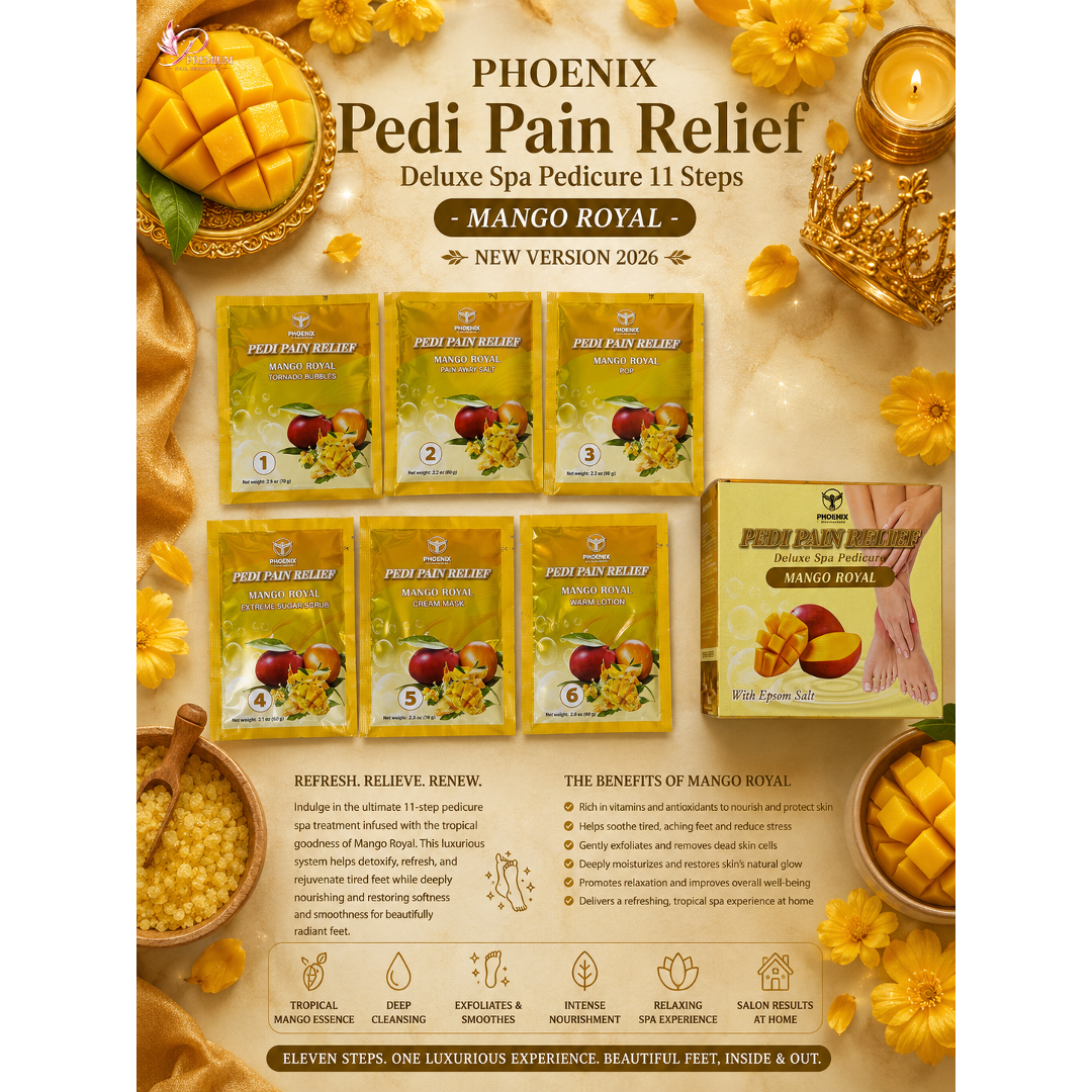 Phoenix Pedi Pain Relief With Epsom Salt 12 Step - 5pcs (Random Mix Scents) - NEW VERSION - Free Massage Candle + Pedi Kit & Liner