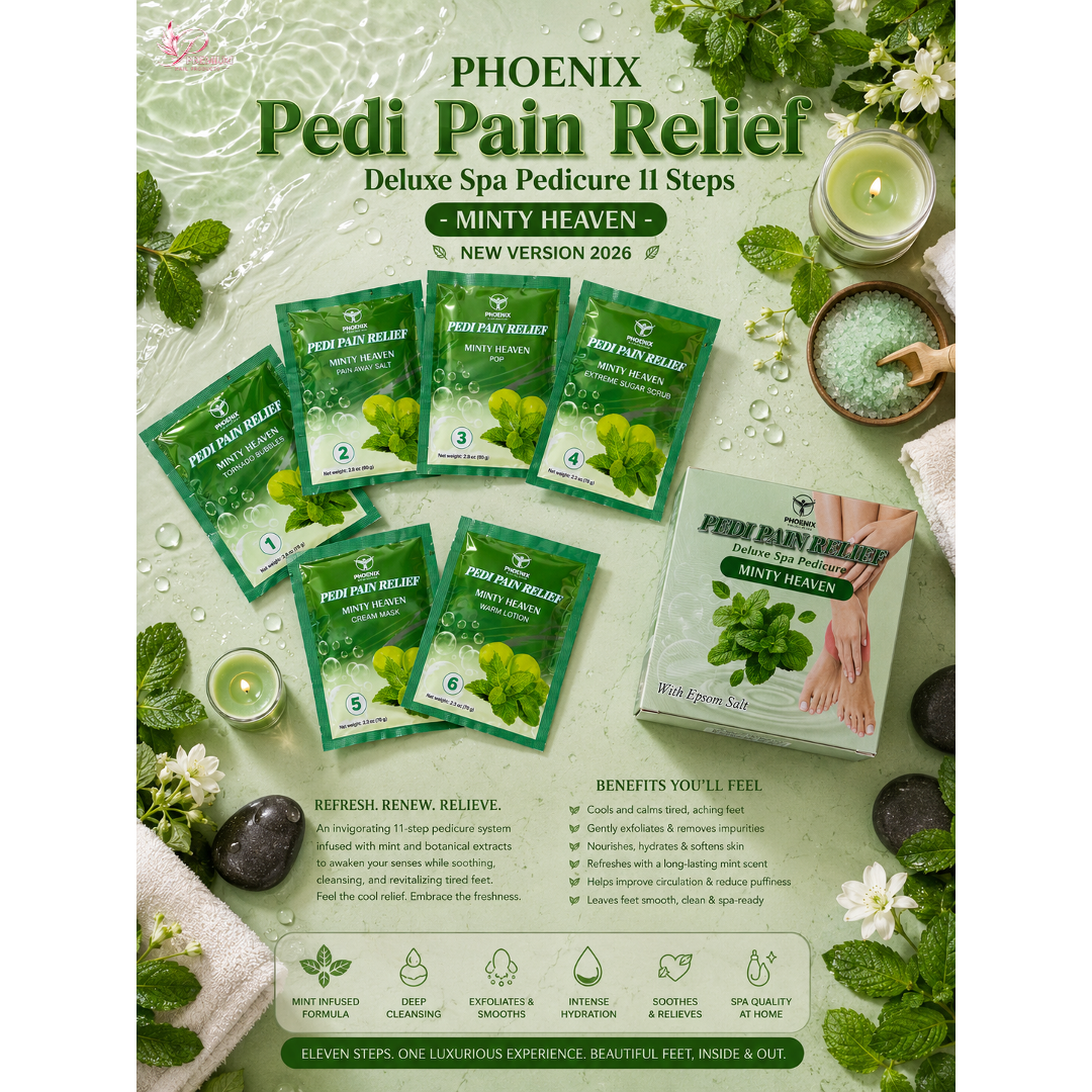 Phoenix Pedi Pain Relief With Epsom Salt 12 Step - 5pcs (Random Mix Scents) - NEW VERSION - Free Massage Candle + Pedi Kit & Liner
