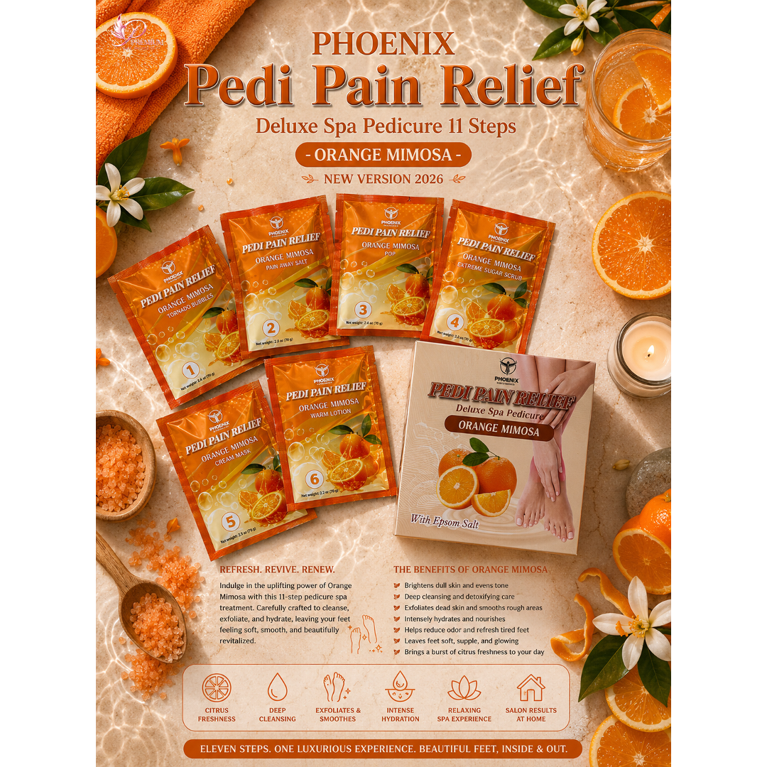 Phoenix Pedi Pain Relief With Epsom Salt 12 Step - 5pcs (Random Mix Scents) - NEW VERSION - Free Massage Candle + Pedi Kit & Liner