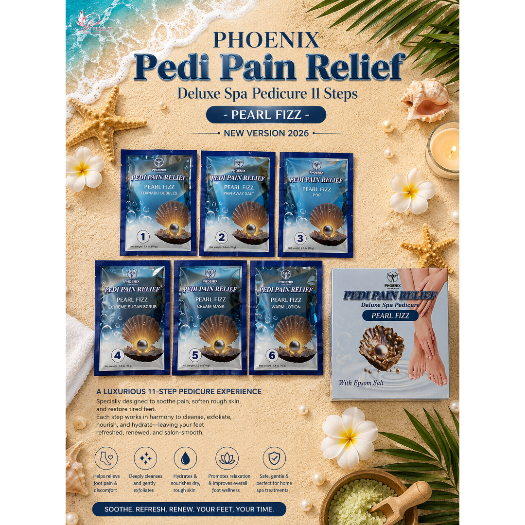 Phoenix Pedi Pain Relief With Epsom Salt 12 Step - 5pcs (Random Mix Scents) - NEW VERSION - Free Massage Candle + Pedi Kit & Liner
