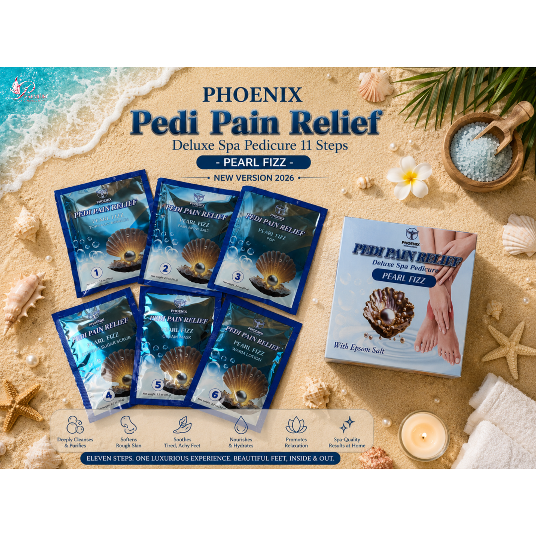 Phoenix Pedi Pain Relief With Epsom Salt 12 Step - 5pcs (Random Mix Scents) - NEW VERSION - Free Massage Candle + Pedi Kit & Liner