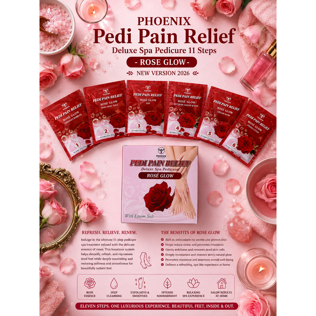 Phoenix Pedi Pain Relief With Epsom Salt 12 Step - 5pcs (Random Mix Scents) - NEW VERSION - Free Massage Candle + Pedi Kit & Liner