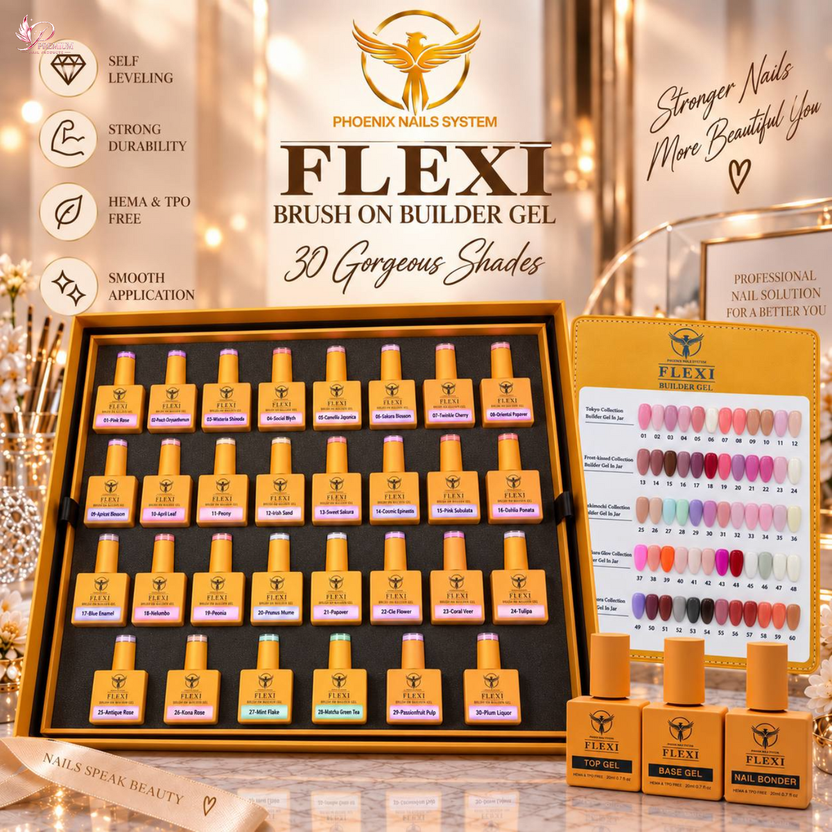 PHOENIX FLEXI Builder Gel Brush On (In Bottle) 60 colors Master Kit (Included Color Chart) - Free Extra Top + Base + Bond Refill (8oz)