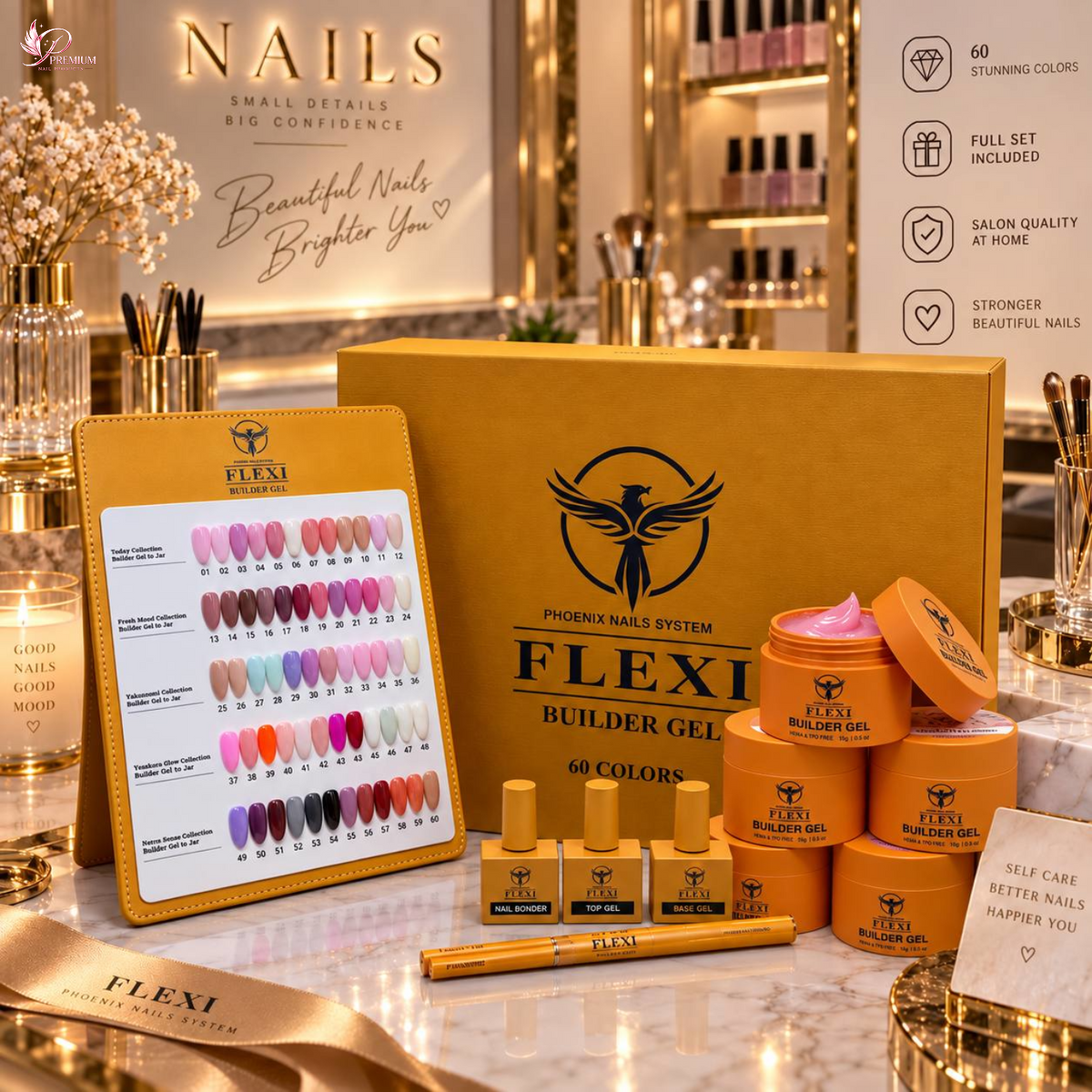 PHOENIX FLEXI Builder Gel (In Jar) 60 colors Master Kit (Included Color Chart) - Free Extra Top + Base + Bond Refill (8oz)