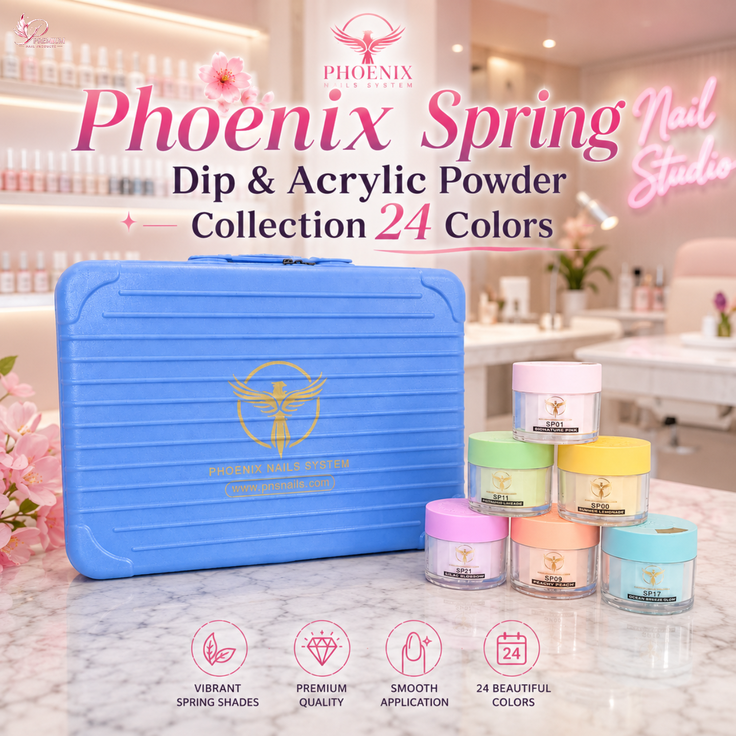 Phoenix Spring Dip & Acrylic Powder Collection 24 Colors - Free 1 Color Book + Vali - FREE Acrylic Brush PHOENIX - LIMITED TIME ONLY