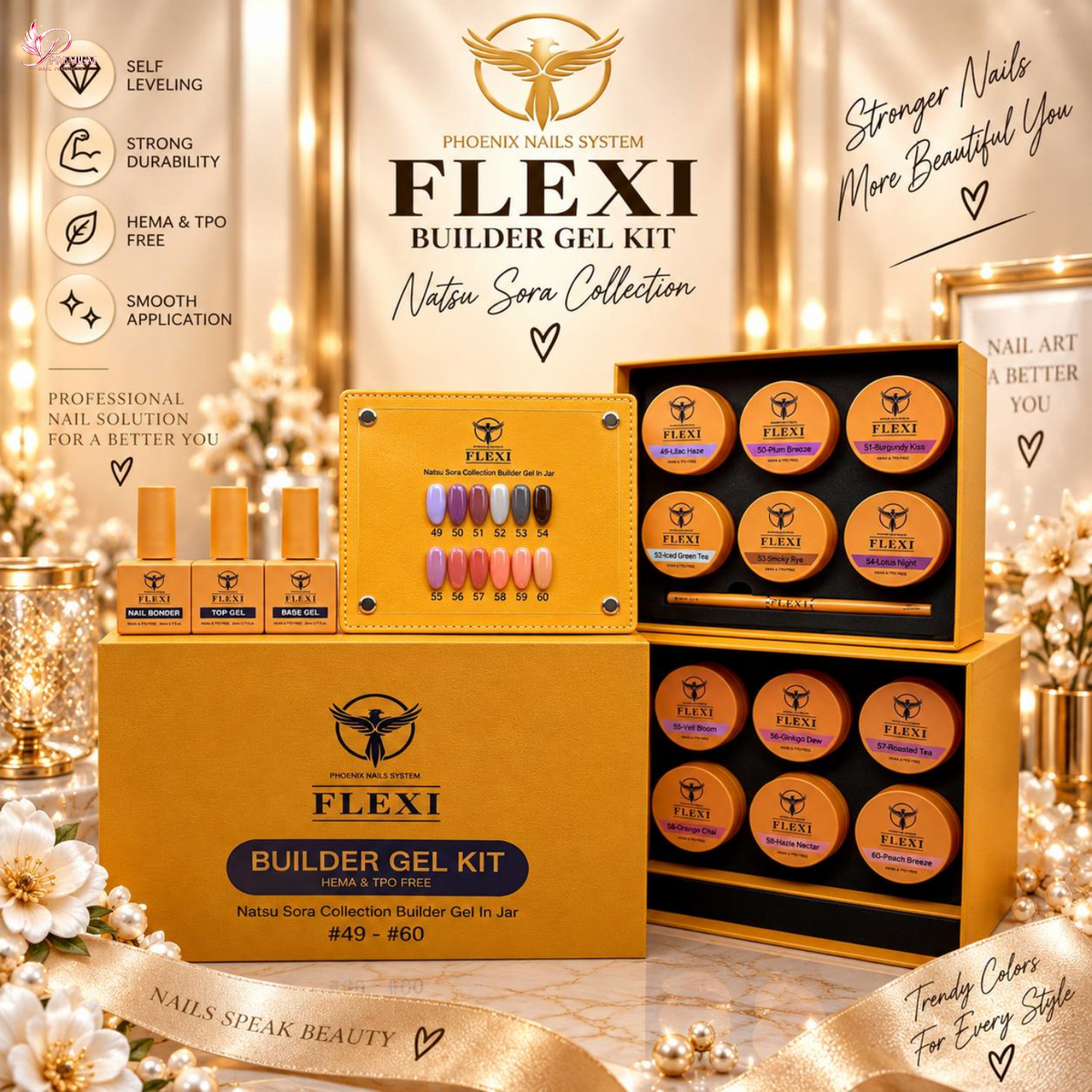 PHOENIX FLEXI Builder Gel (In Jar) BIAJ #49 - #60 colors - 50ml (Included Color Chart) - Natsu Sora Collection