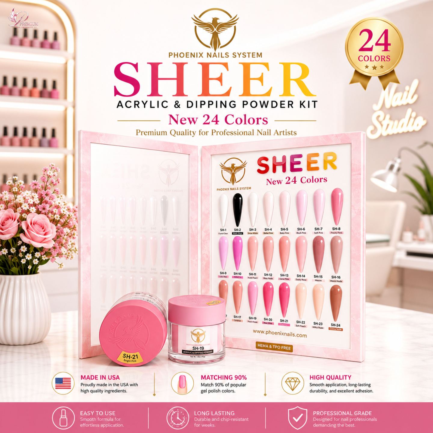 Phoenix SHEER Dip & Acrylic Powder Collection 24 Colors - Free 1 Color Book + Vali - FREE Acrylic Brush PHOENIX  - LIMITED TIME ONLY