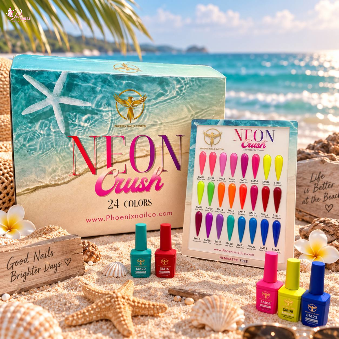 Phoenix NEON CRUSH Gel Collection 24 Colors - Free Extra 24 Gels + 1 Color Book + Vali + Free 6 MS Acrylic Powders 2oz