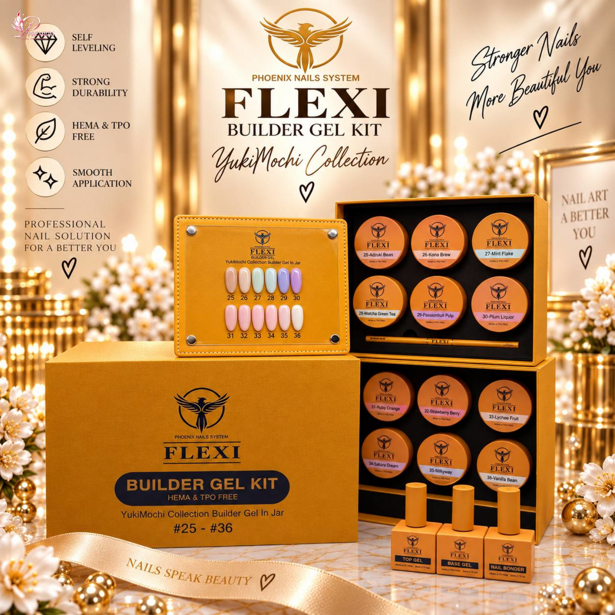 PHOENIX FLEXI Builder Gel (In Jar) BIAJ #25 - #36 colors - 50ml (Included Color Chart) - Yukimochi Collection