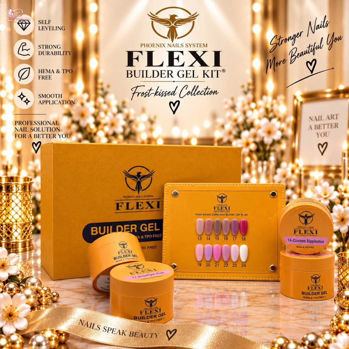 PHOENIX FLEXI Builder Gel (In Jar) BIAJ #13 - #24 colors - 50ml (Included Color Chart) - Frost-Kissed Collection