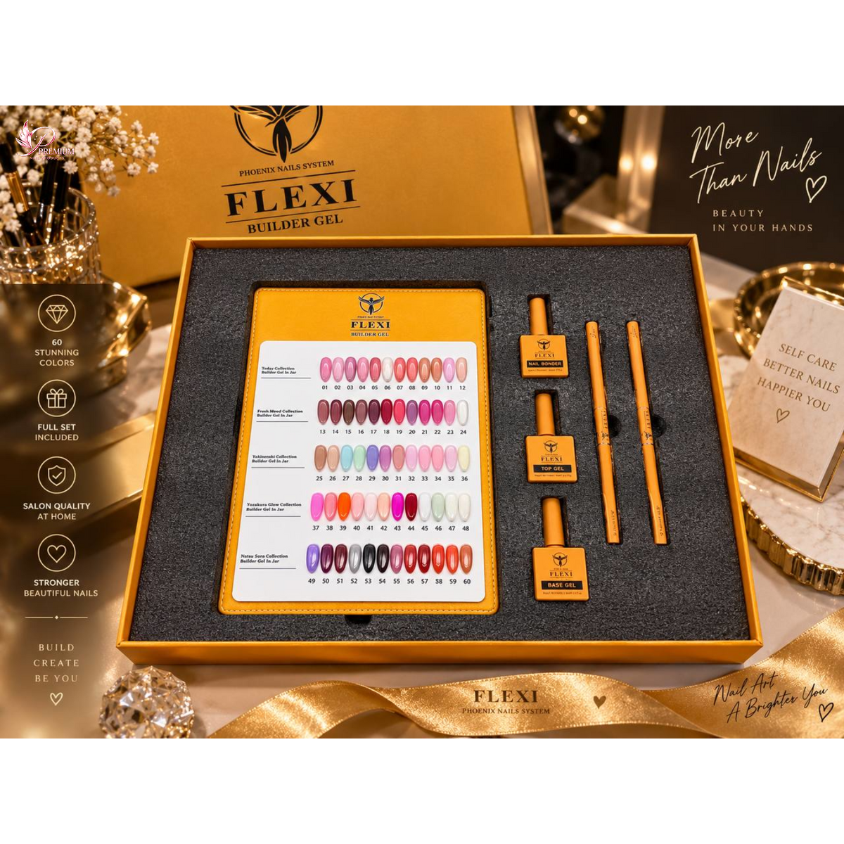 PHOENIX FLEXI Builder Gel (In Jar) 60 colors Master Kit (Included Color Chart) - Free Extra Top + Base + Bond Refill (8oz)