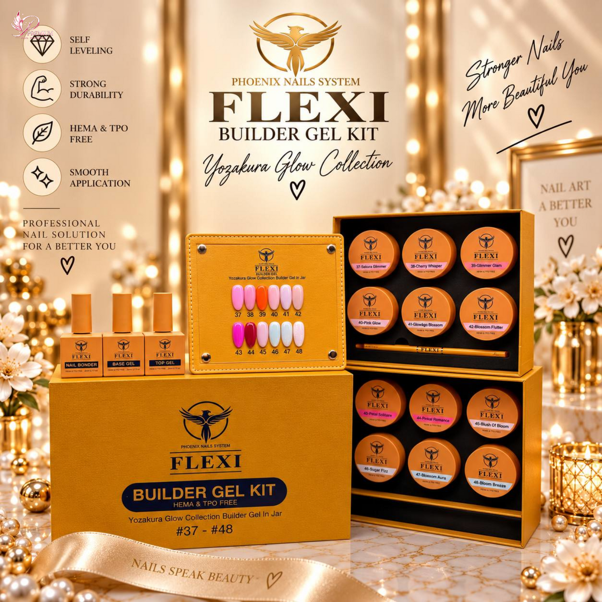 PHOENIX FLEXI Builder Gel (In Jar) BIAJ #37 - #48 colors - 50ml (Included Color Chart) - Yozakura Glow Collection