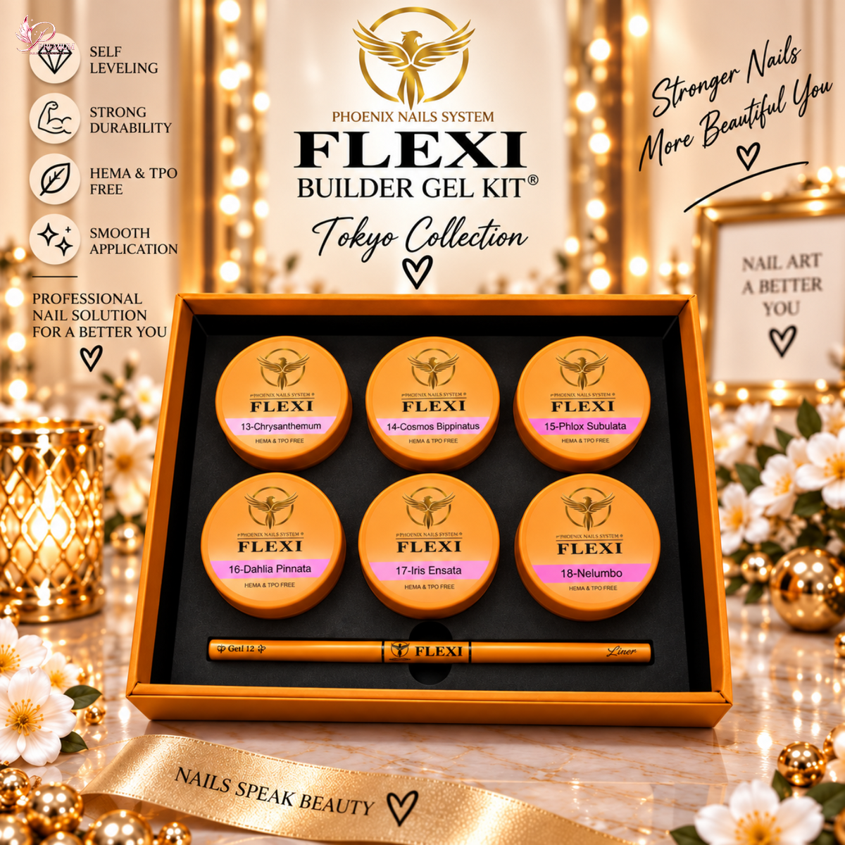PHOENIX FLEXI Builder Gel (In Jar) BIAJ #1 - #12 colors - 50ml (Included Color Chart) - Tokyo Collection