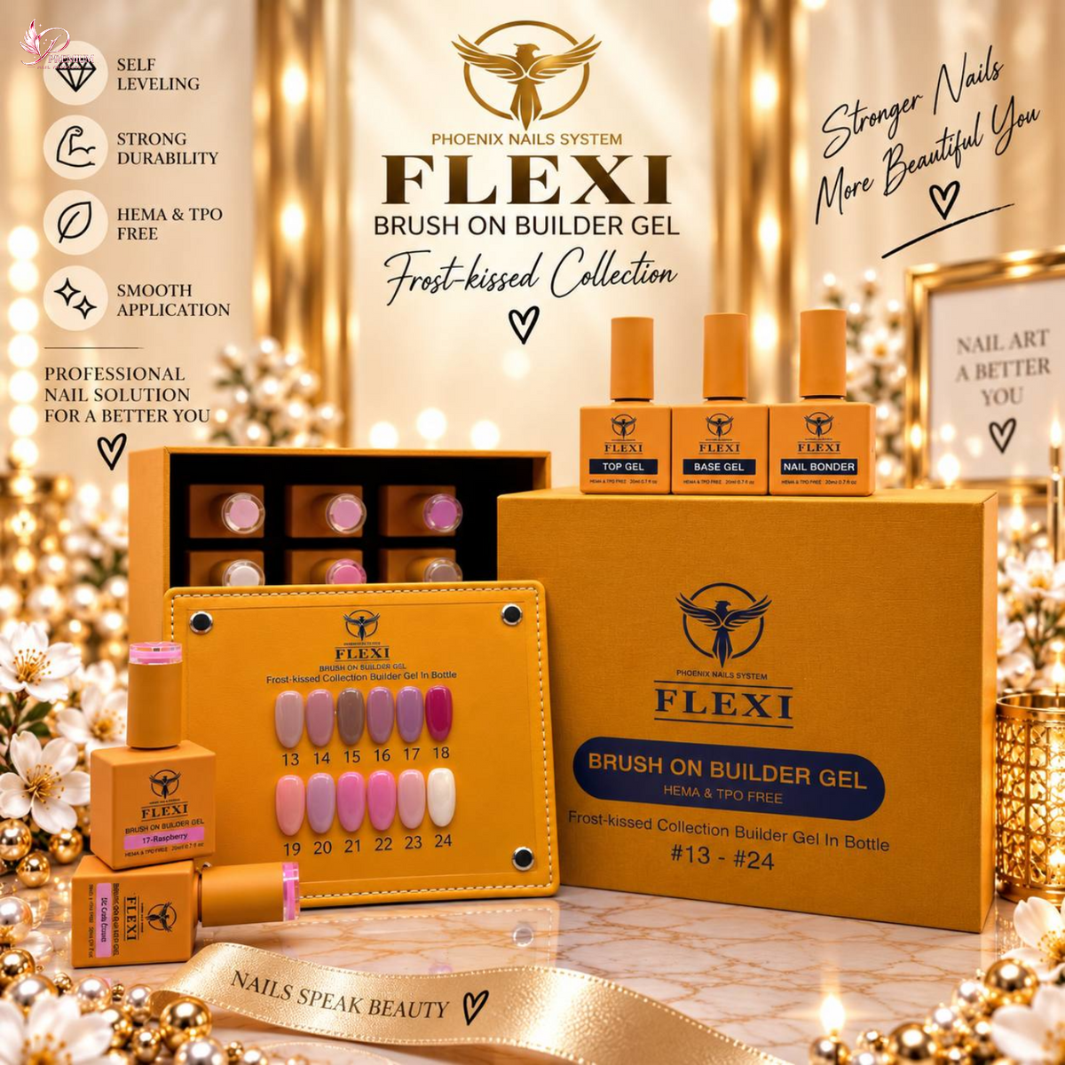 PHOENIX FLEXI Builder Gel (In Bottle) BIAB #13 - #24 colors - 20ml  (Included Color Chart) - Frost-Kissed Collection