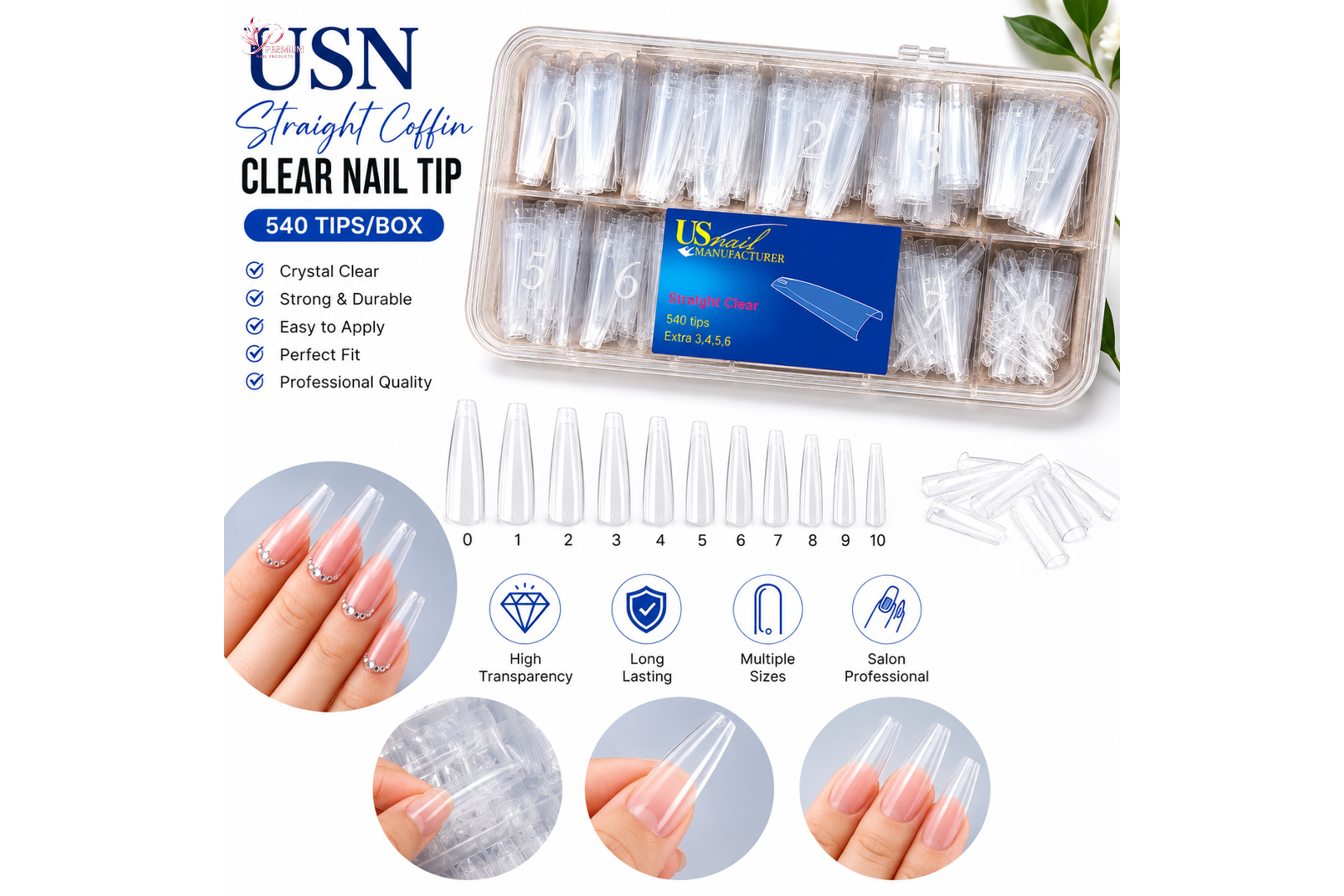 USN - Straight Coffin Clear Nail Tip 540/Box