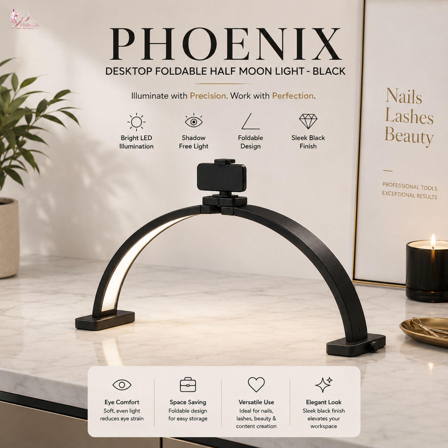 Phoenix Desktop Foldable Half Moon Light - Black