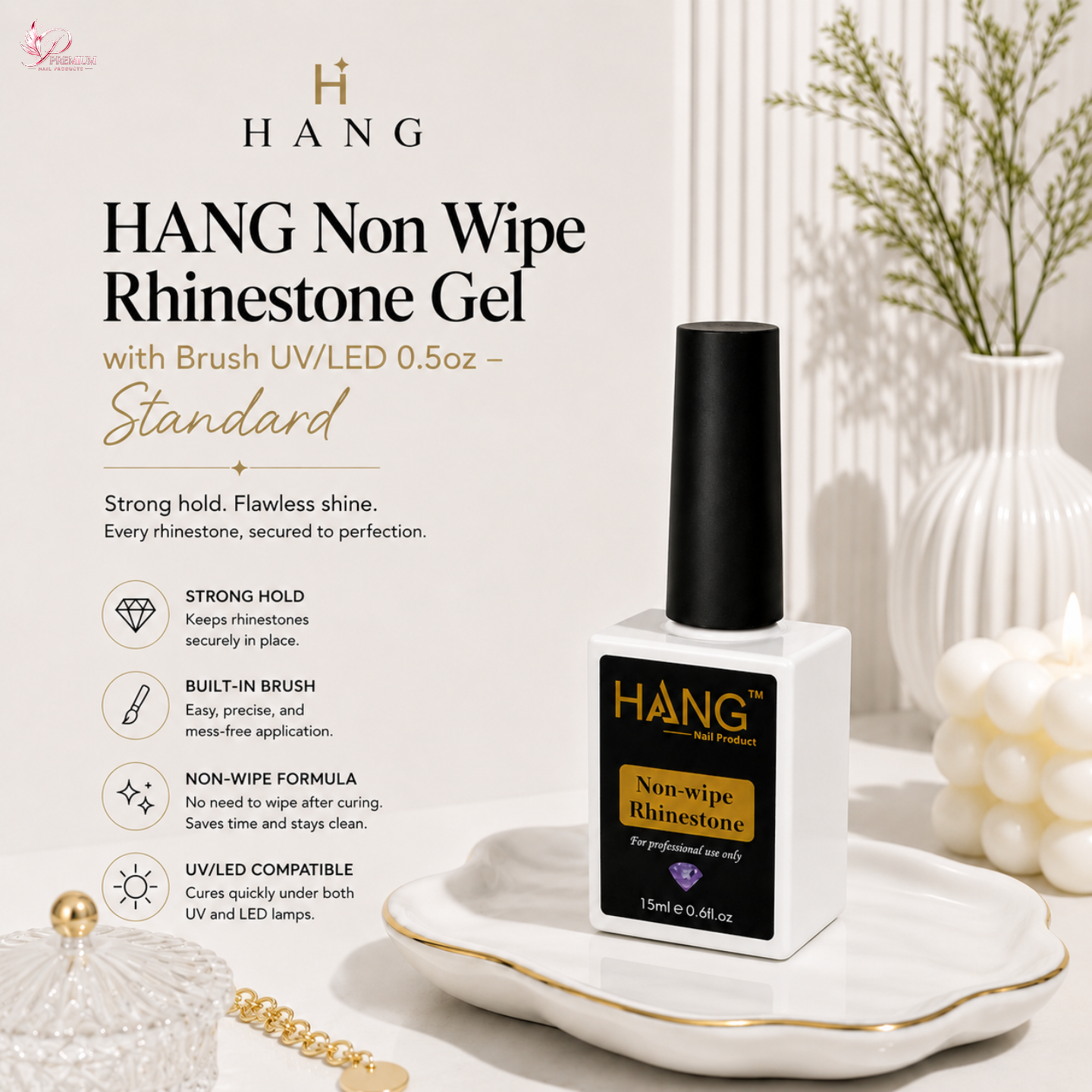 HANG Non Wipe Rhinestone Gel with Brush UV/LED 0.5oz – Standard