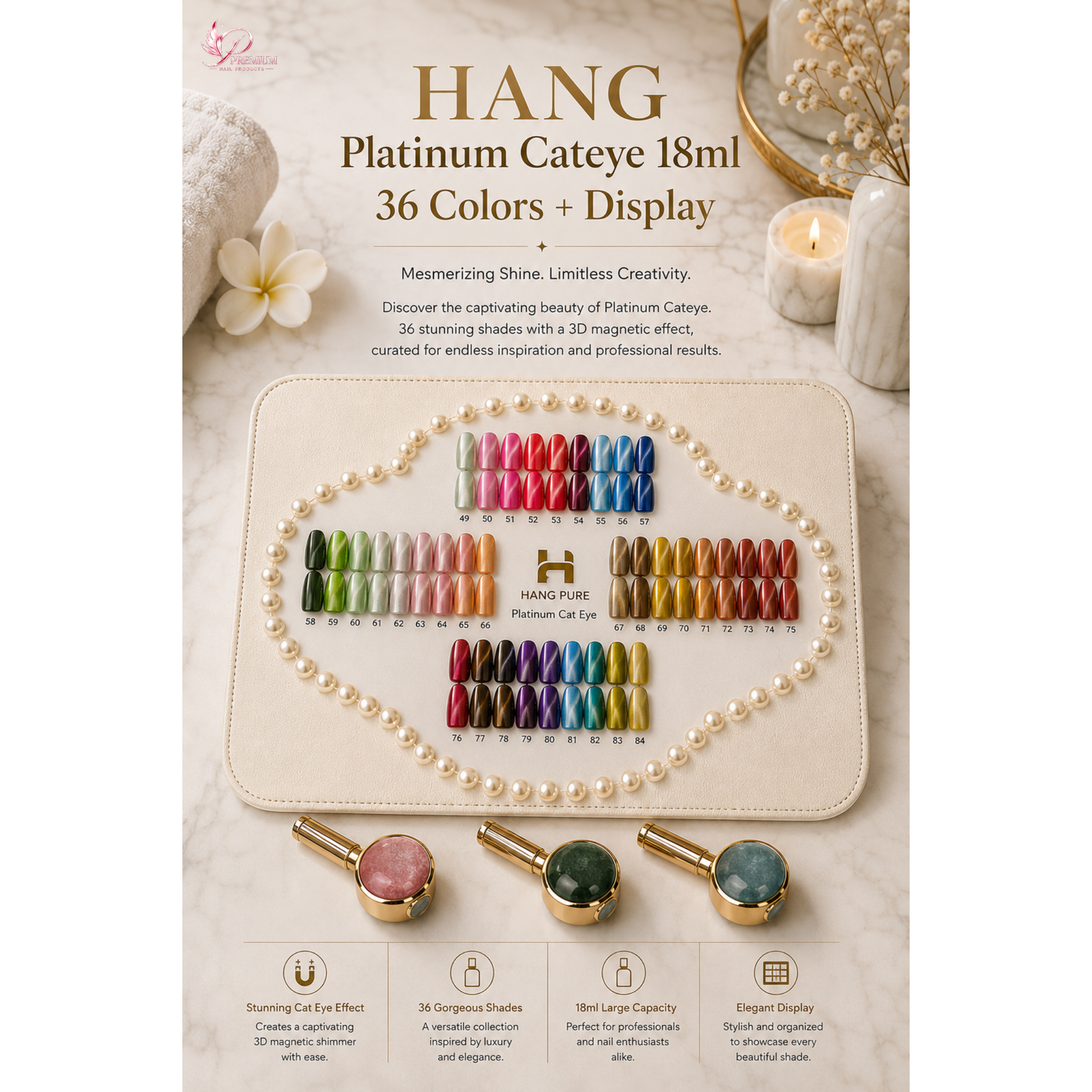 HANG Platinum Cateye 18ml 36 Colors + Free Vali + Display
