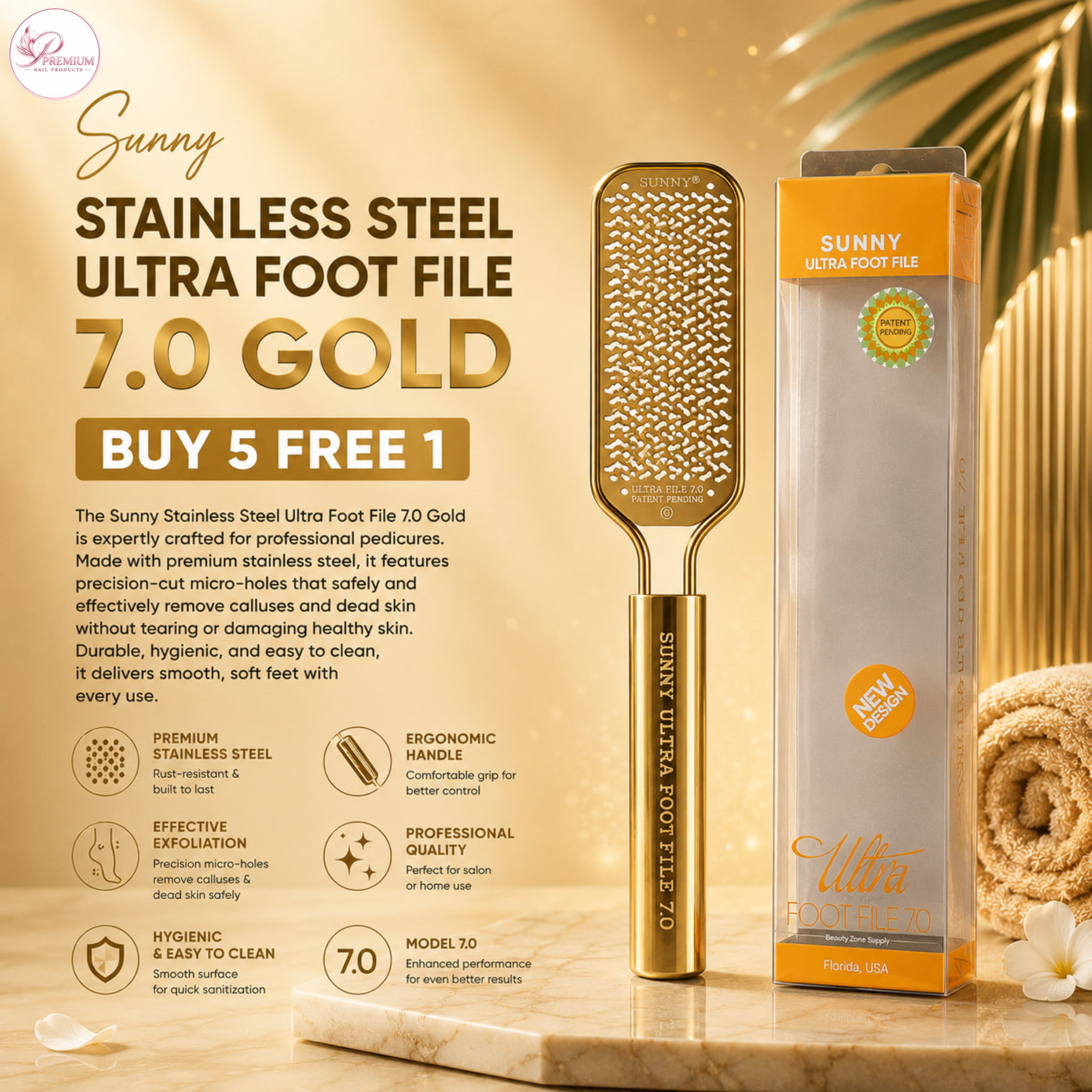 Sunny Stainless Steel Ultra Foot File 7.0 Gold - Buy 5 Free 1