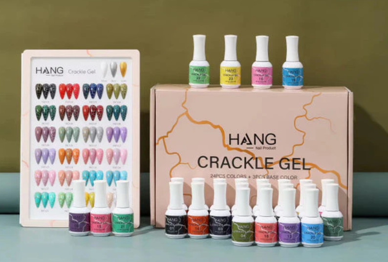 HANG Crackle Gel Collection – 27 Colors | 24 Gel Polish + 3 Base Colors + Display