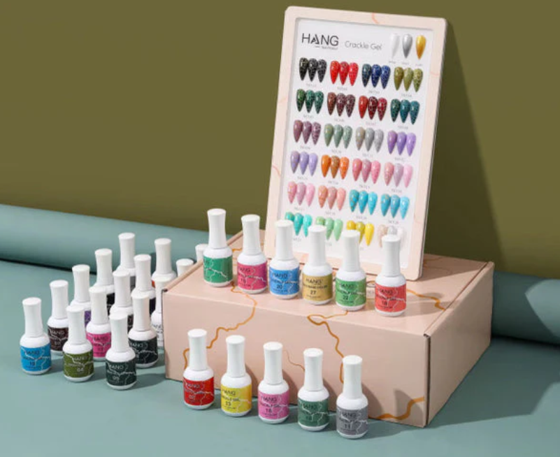 HANG Crackle Gel Collection – 27 Colors | 24 Gel Polish + 3 Base Colors + Display