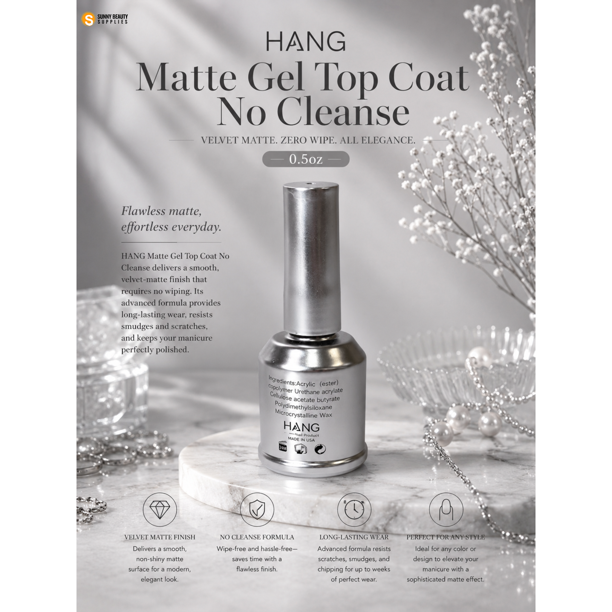 HANG Matte Gel Top Coat No Cleanse 0.5oz - Buy 5 Free 1