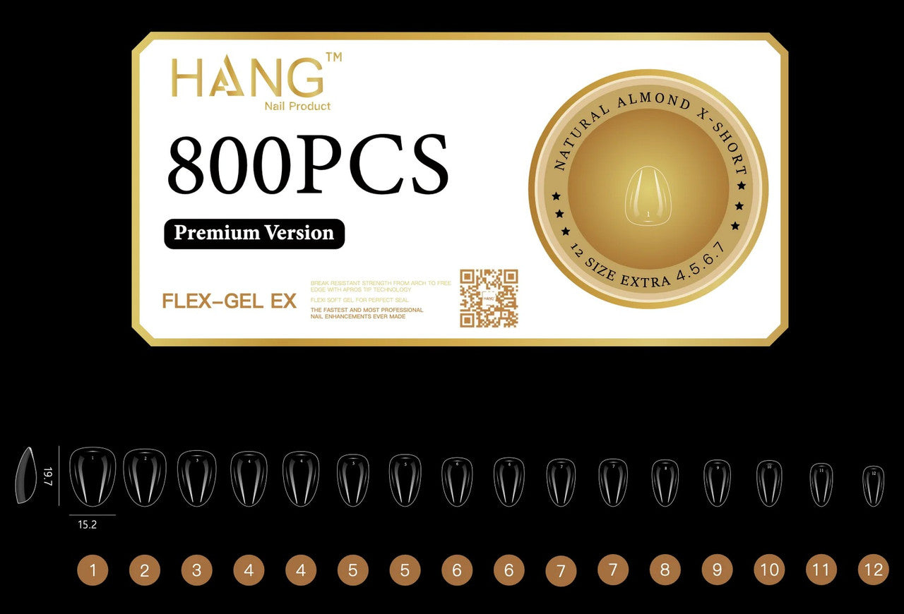 HANG Gel -X Tips Premium Version - Almond X-Short 800pcs / 12 Sizes