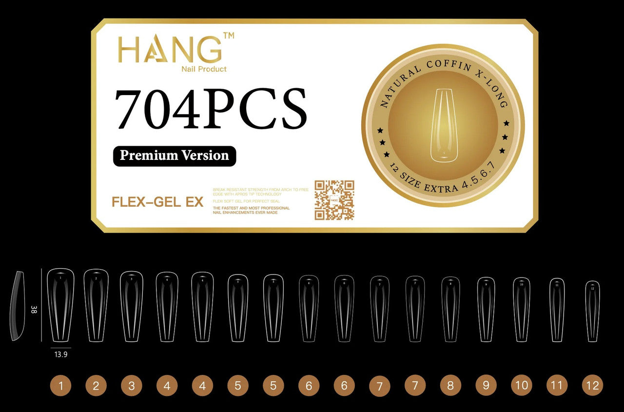 HANG Gel -X Tips Premium Version - Coffin X-Long 704pcs / 12 Sizes